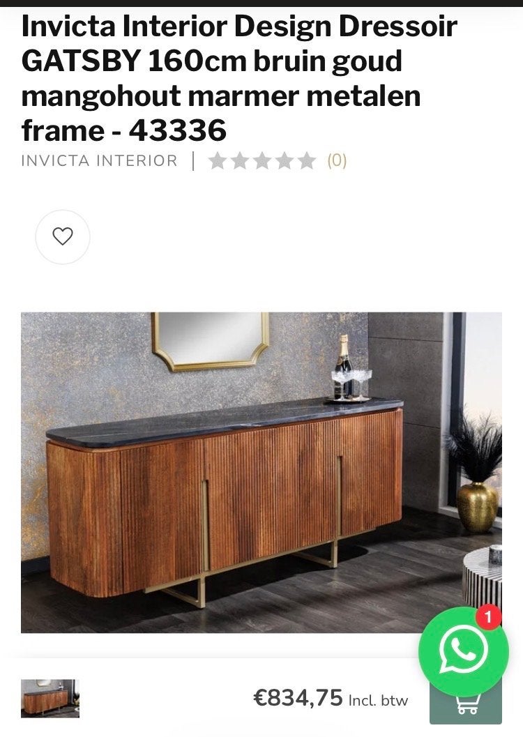 Invicta Interior Design Dressoir GATSBY 160cm bruin goud, Ophalen, 150 tot 200 cm, Nieuw, 25 tot 50 cm