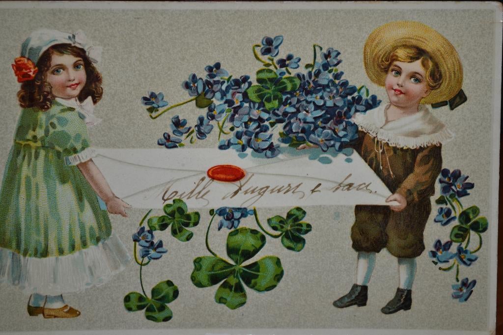 frankrijk 1908  jongen meisje klavertjes vier viooltjes, Verzamelen, Ansichtkaarten | Themakaarten, Ophalen of Verzenden, Voor 1920