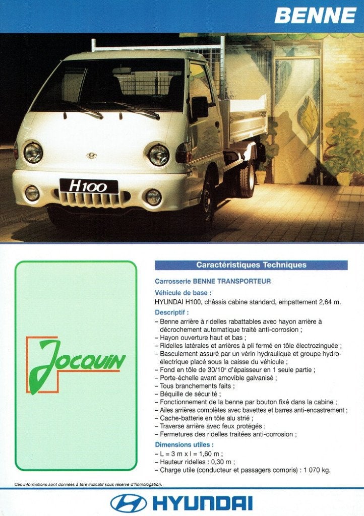 Folder Hyundai H100 Benne (Franse uitgave - ca.1996), Verzenden, Zo goed als nieuw, Overige merken