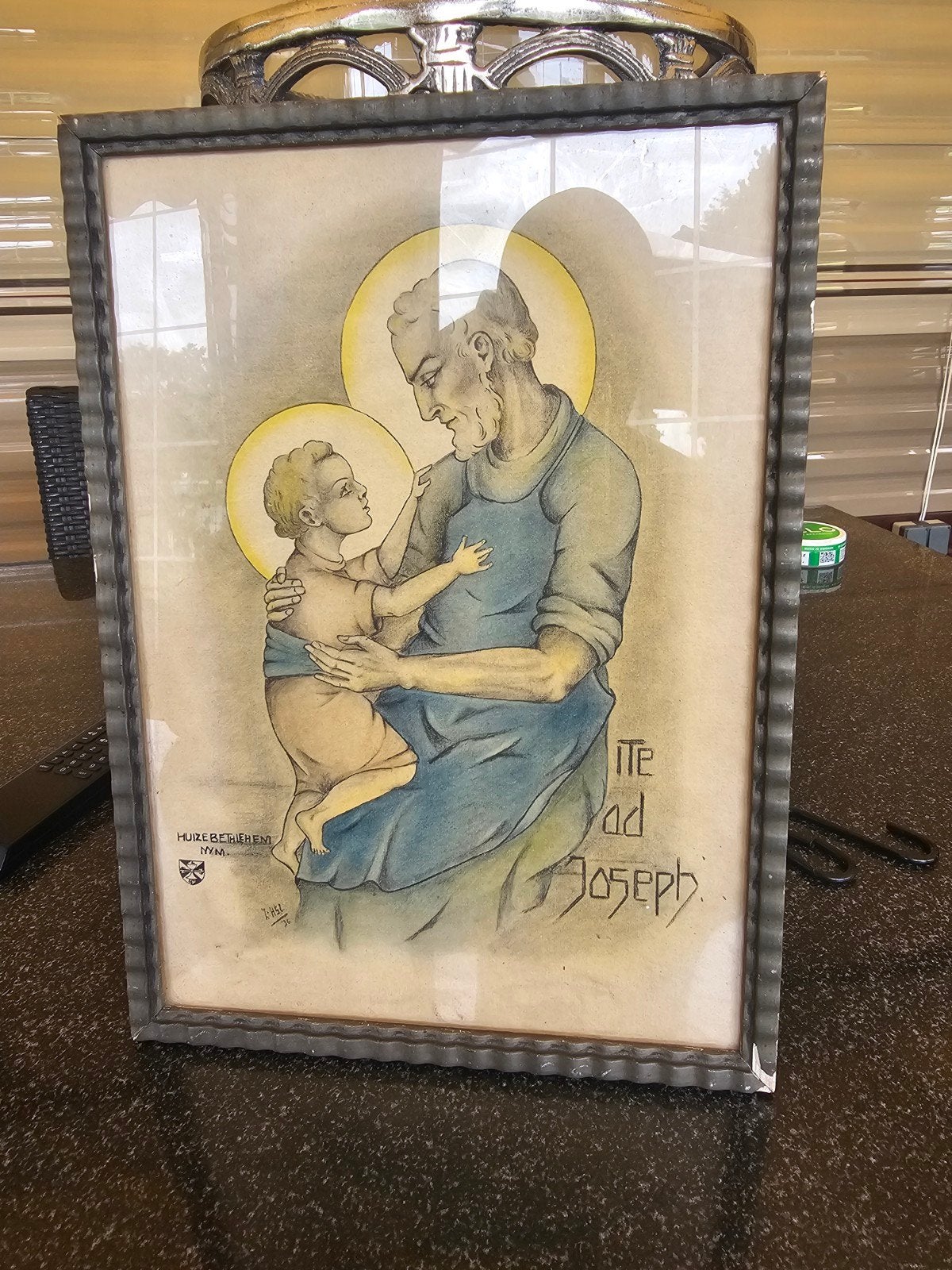 Antieke gesigneerde prent: Jozef met kind, 30x21,5 cm, Ophalen of Verzenden