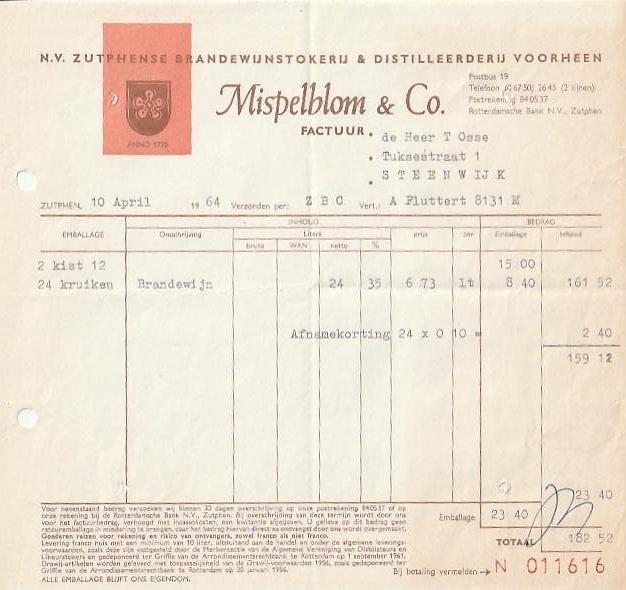 Mispelblom distilleerderij Zutphen factuur 1964, Ophalen of Verzenden, Zo goed als nieuw, Overige typen