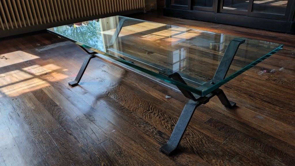 Glazen Salontafel met Gietijzeren onderstel, Ophalen, Gebruikt, 100 tot 150 cm, 50 tot 100 cm