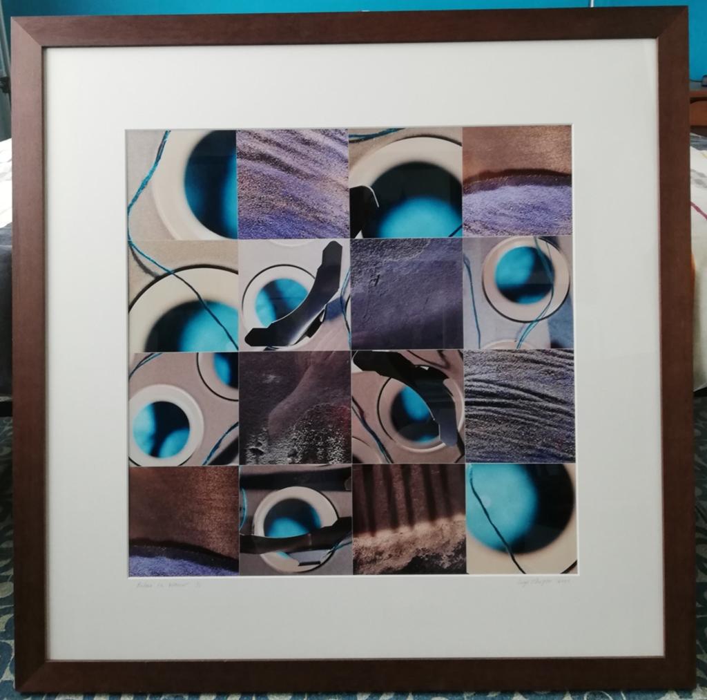 Inge Vlugter (1963), Ritme in blauw 1/1. 86/86 cm., Ophalen, 86 cm, Achter glas, Papier/karton
