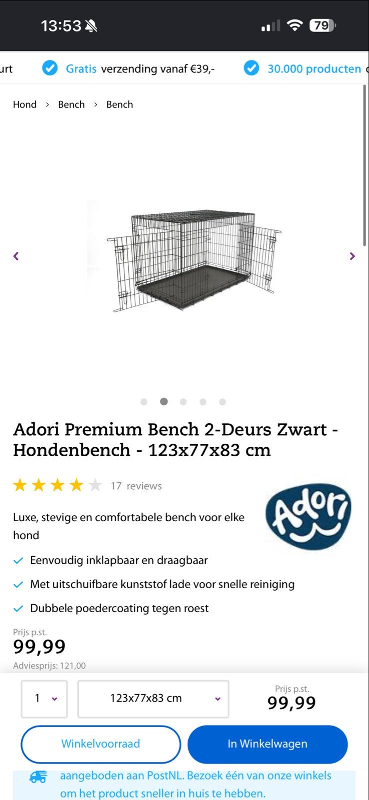Adori Premium Bench 2-DeursZwart-Hondenbench-123x77x83cm, Ophalen, Zo goed als nieuw