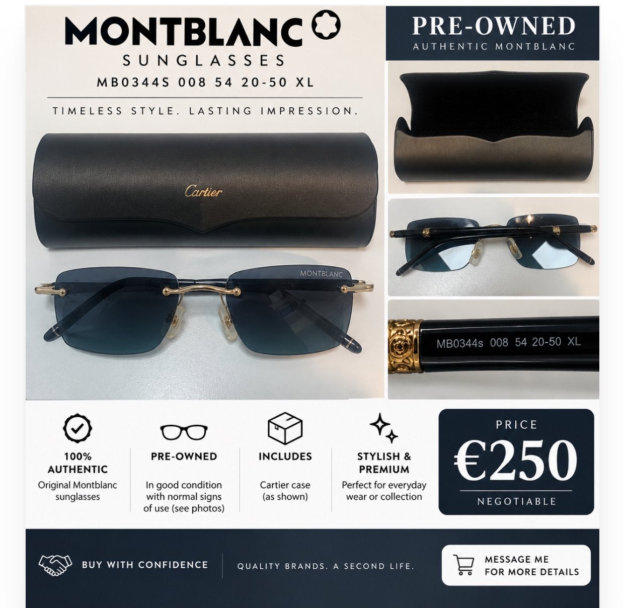 Montblanc Zonnebril MB0344S - Tijdloze Stijl, Overige merken, Gebruikt, Zonnebril, Zwart