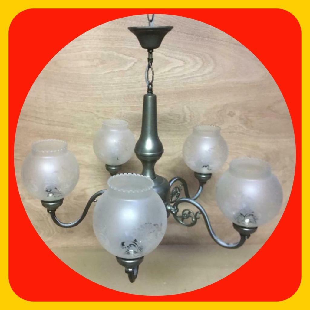 207. Mooie tinnen Hanglamp met vijf lampen en glazen, Ophalen of Verzenden, Zo goed als nieuw, Minder dan 50 cm