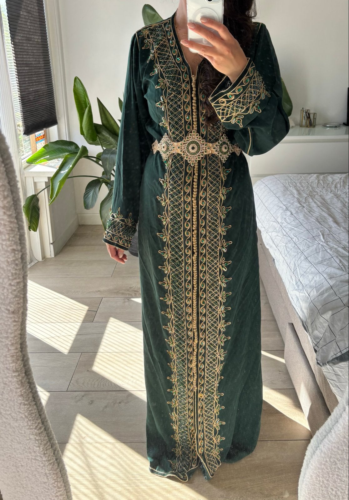 Marokkaanse Kaftan - Emerald Groen met Riem, Kleding | Dames, Jurken, Ophalen, Maat 36 (S), Gedragen, Onder de knie