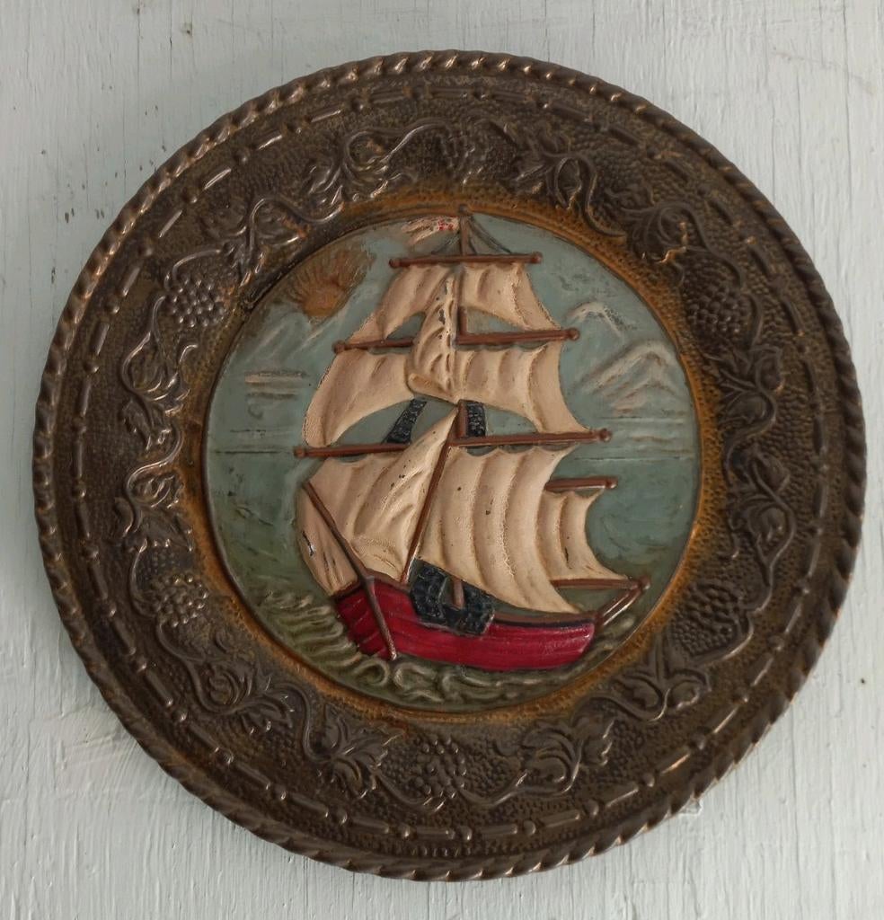 Vintage messing wandbord met schip, Antiek en Kunst, Ophalen of Verzenden