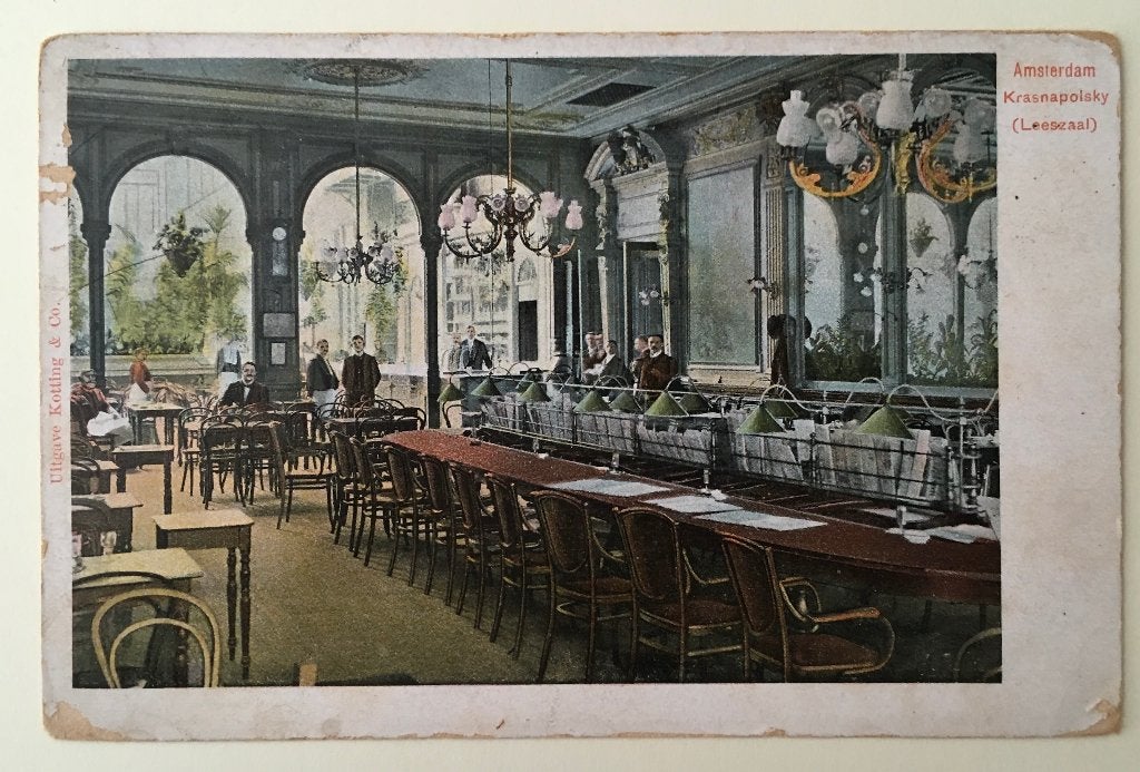 Prentbriefkaart: Amsterdam Krasnapolsky Leeszaal., Verzamelen, Ophalen of Verzenden, Voor 1920, Ongelopen, Overige thema's