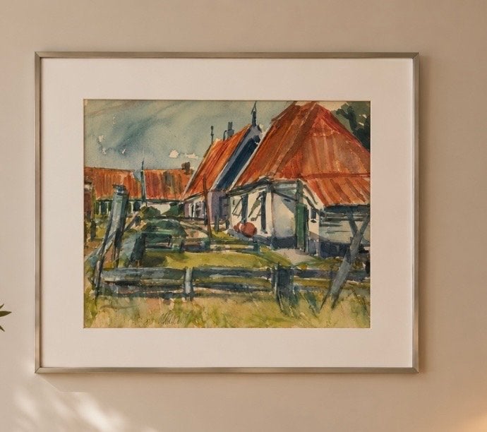 Aquarel Toon de Haas, gesigneerd - Oosterend, Texel (1987), Gebruikt, Oorspronkelijke maker, Ophalen of Verzenden, Schilderij