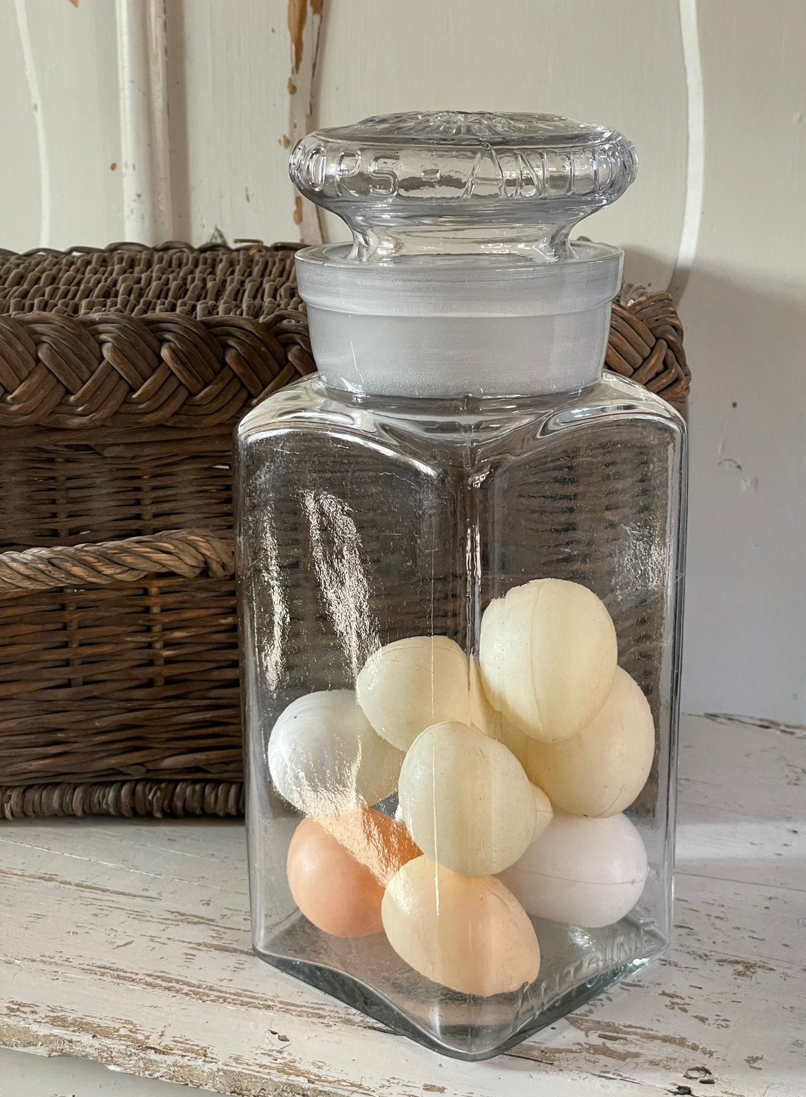 Brocante oude glazen snoeppot ANTOINE DROPS, Ophalen of Verzenden