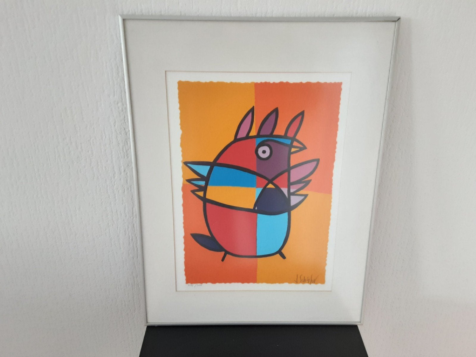 zeefdruk in lijst  van Jaqueline Schäfer vreemde vogel, Antiek en Kunst, Ophalen