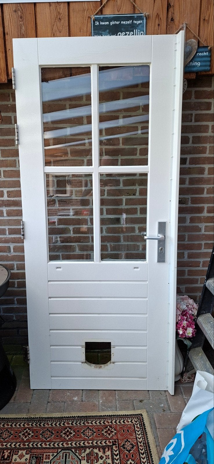 Nette Merbau buitendeur met dubbelglas en gat voor een, Ophalen, Gebruikt, 80 tot 100 cm, Buitendeur