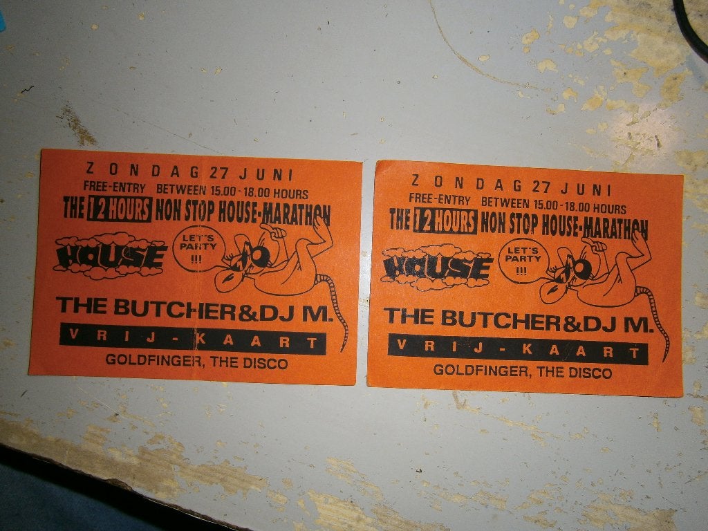 THE BUTCHER & DJ M. Vrij-kaart. Goldfinger Zondag 27 Juni 93, Ophalen, Gebruikt, A4 of kleiner, Rechthoekig Liggend