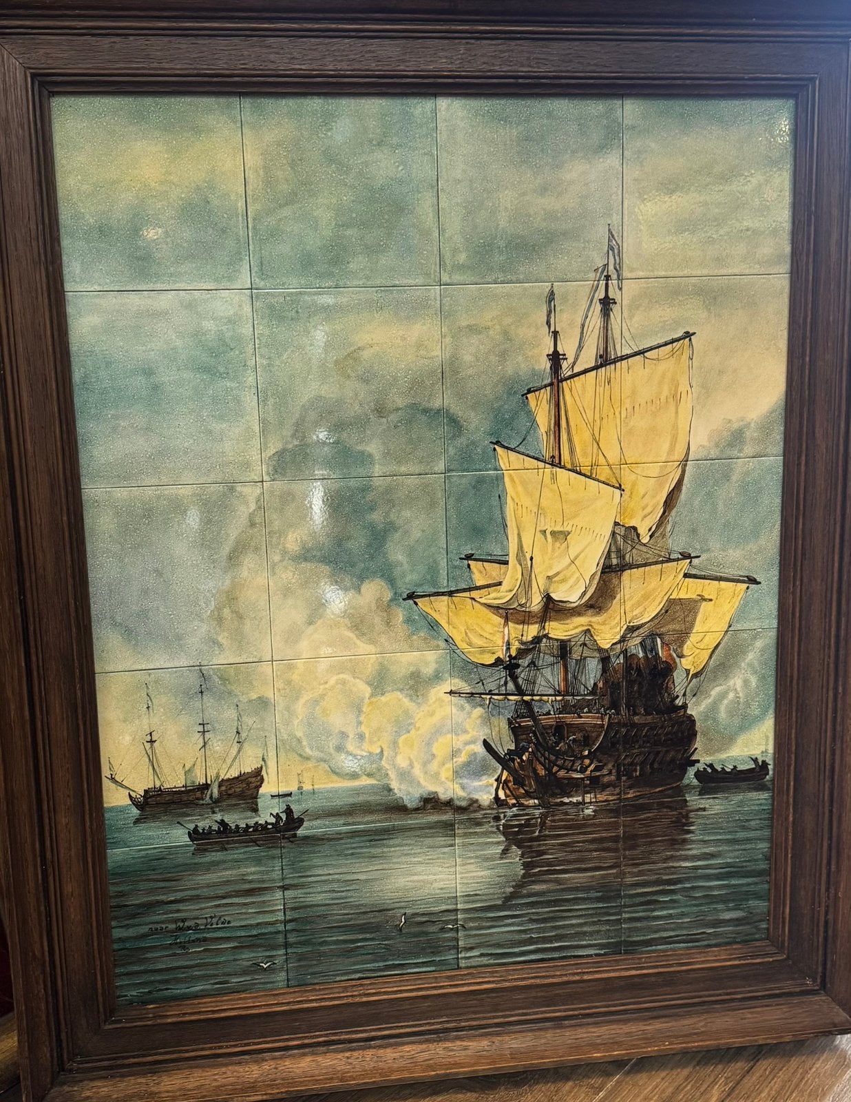 Tegeltableau met 20 tegels zeeslag VOC naar W vd Velde, Antiek en Kunst, Ophalen