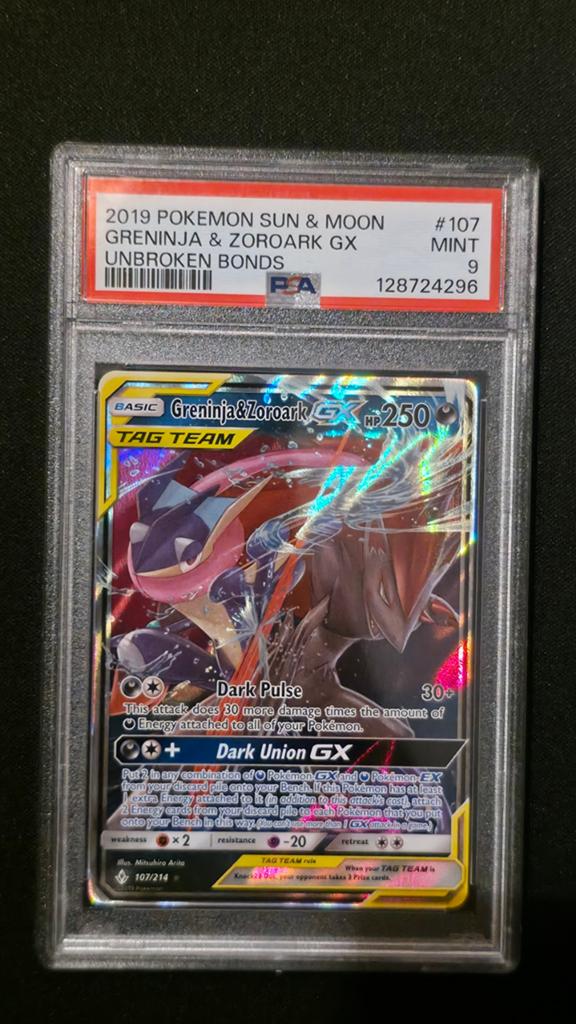 PSA 9 Greninja & Zoroark GX #107/214 Pokemon Kaart, Ophalen of Verzenden, Zo goed als nieuw, Losse kaart