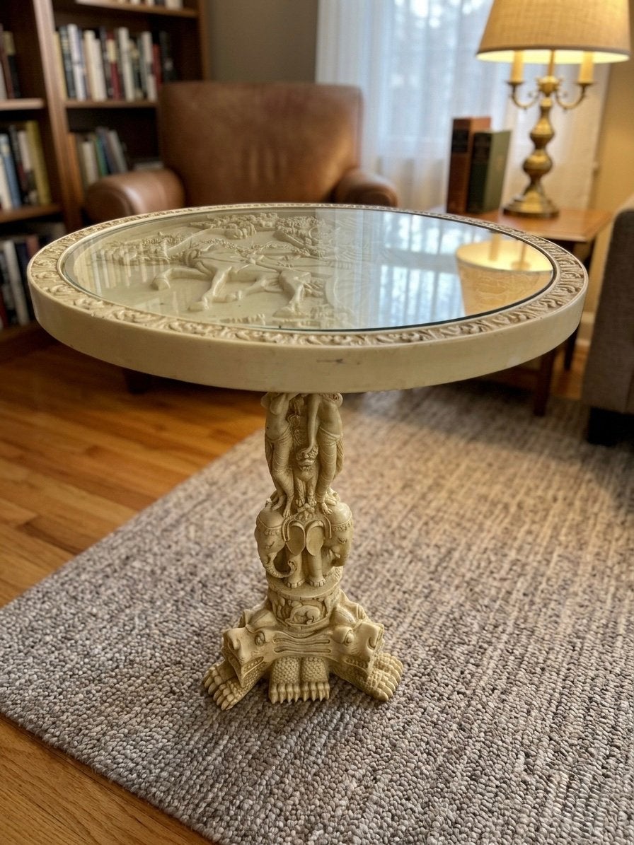 Vintage Chinese Oosterse Bijzettafel met Glas, Rond, Ophalen of Verzenden, 75 cm of meer, 60 cm of meer