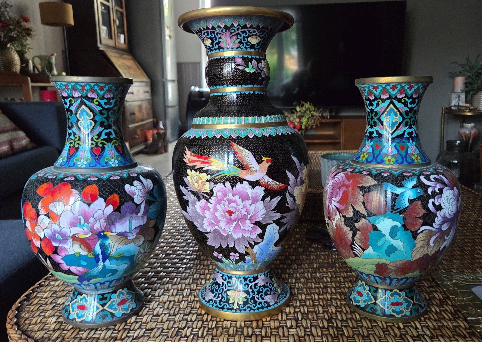 Set van 3 Cloisonné Vazen met Bloemen en Vogels, Antiek en Kunst, Ophalen