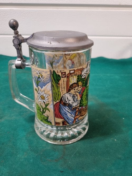 bierpul prosit met afbeelding glas en tinnen deksel, Verzamelen, Ophalen of Verzenden, 'T Olde Gre-j, Info@toldegrej.nl, Endepoelstraat 20f Didam