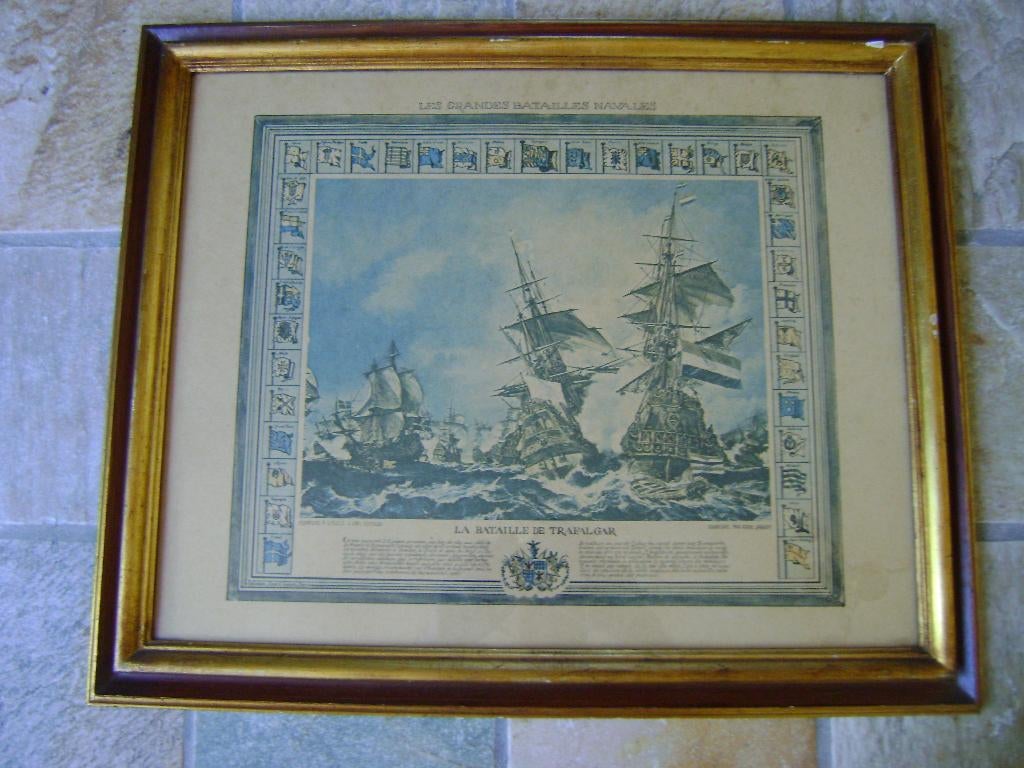 Litho Geschiedenis - Zeeslag De Trafalgar - met 37 vlaggen, Antiek en Kunst, Ophalen of Verzenden