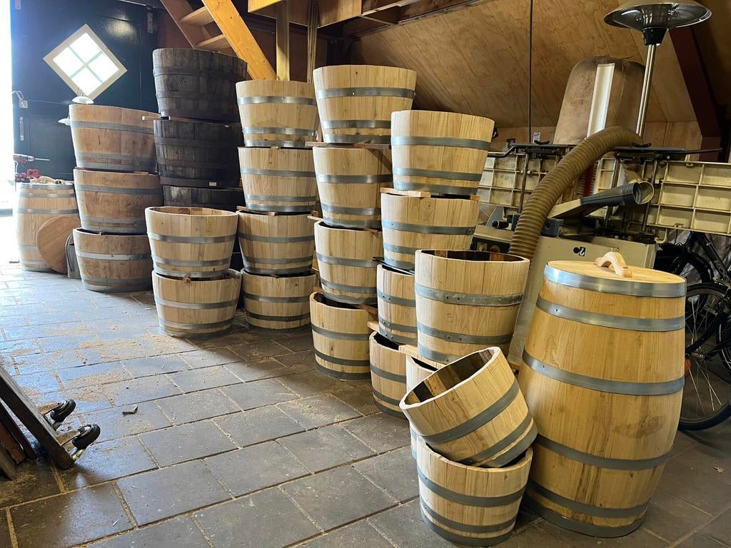 Bloembak hout half wijnvat whiskyvat palmboom vijgenboom, Tuin en Terras, Gerard Krale, Rond, Nieuw, Ophalen of Verzenden