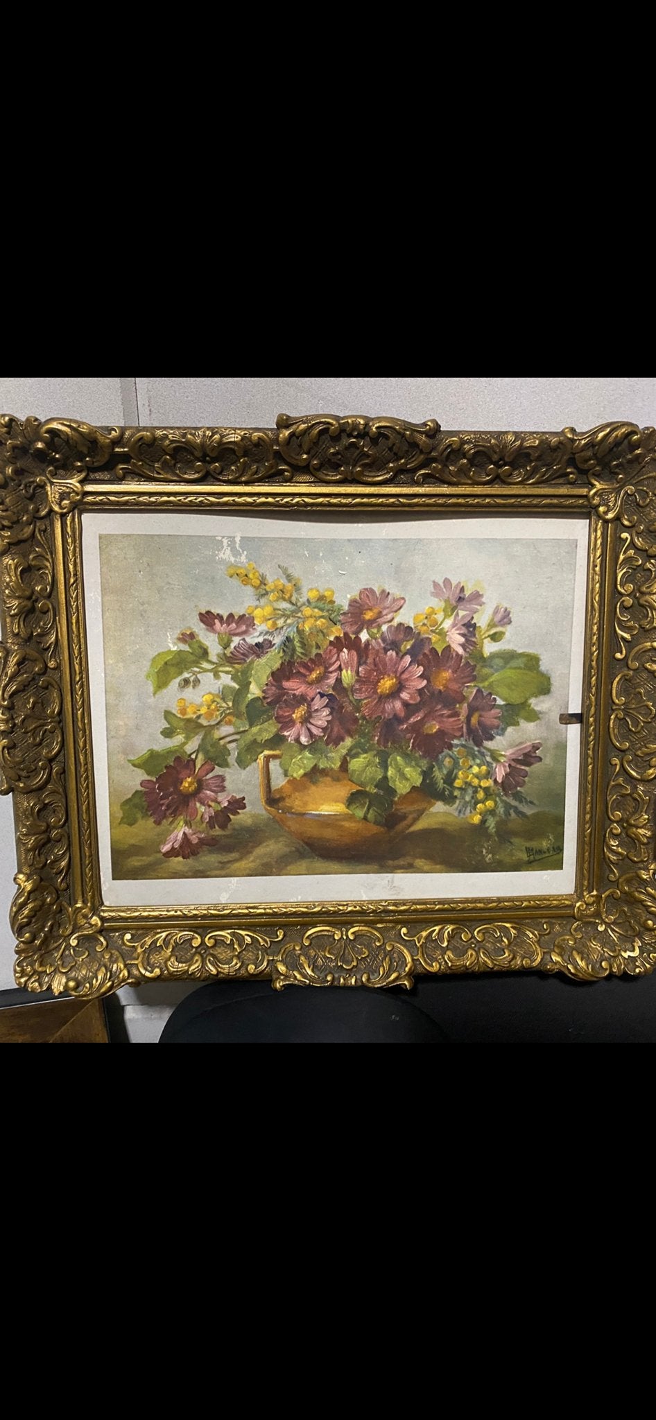 Schilderij Mancear - Bloemen in vaas met mooie lijst, Bloemen, Doek, Bijzondere lijst, Ophalen of Verzenden