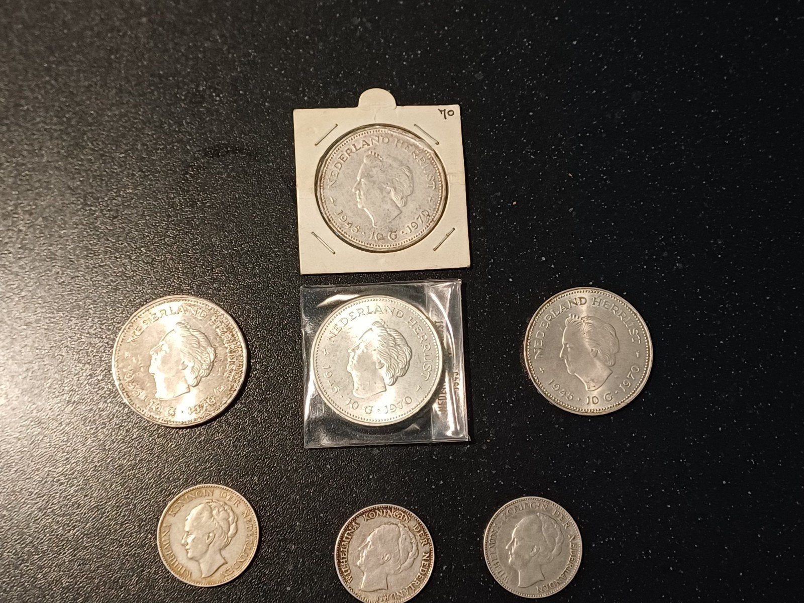 4 zilveren tientjes 1970 en 3 zilveren guldens 1929, Postzegels en Munten, Koningin Juliana, Setje, Zilver, Overige waardes