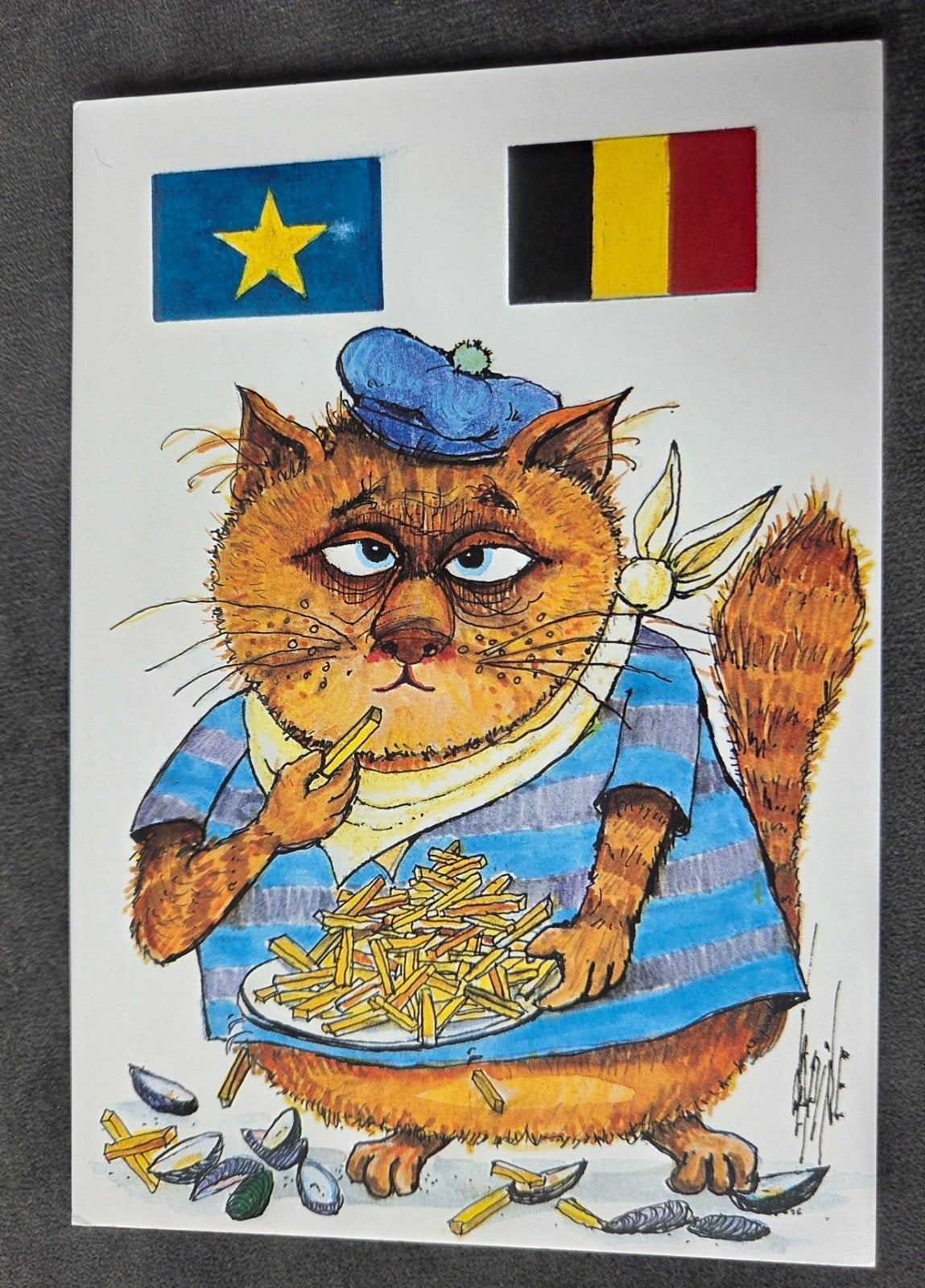 Postkaart Robert Lépine - Kat met frieten en mosselen, Verzamelen, Verzenden, 1980 tot heden, Ongelopen, Overige thema's