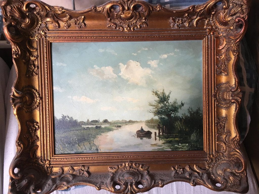 Landschap in mooie lijst door D.de Vries ,, Ophalen, Doek, Gesigneerd, Landschap