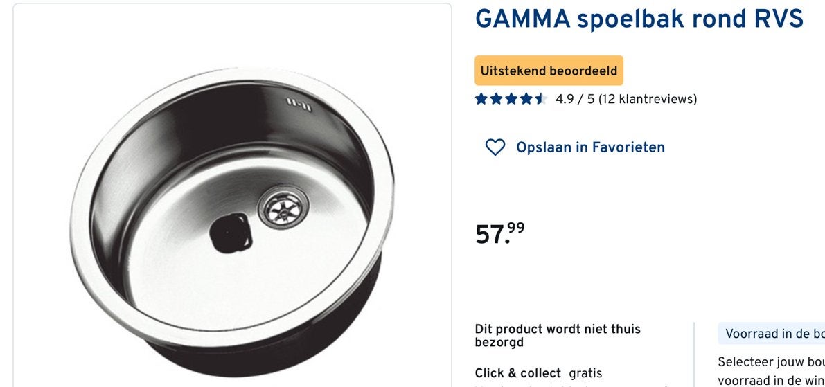 Spoelbak Gamma rond RVS nieuw in doos, Huis en Inrichting, Keuken | Keukenelementen, Ophalen, Nieuw, 50 tot 100 cm, Minder dan 100 cm