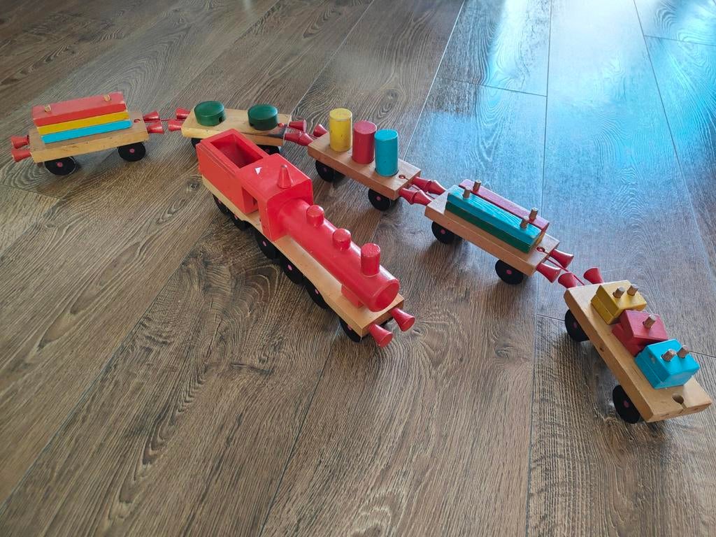 Antieke houten trein met wagons - Vintage speelgoed, Antiek en Kunst, Ophalen of Verzenden