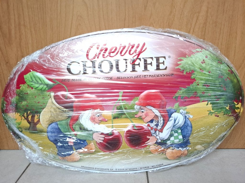 Zeldzaam reclamebord Cherry Chouffe, Ophalen of Verzenden, Nieuw, Reclamebord, Plaat of Schild, Overige merken