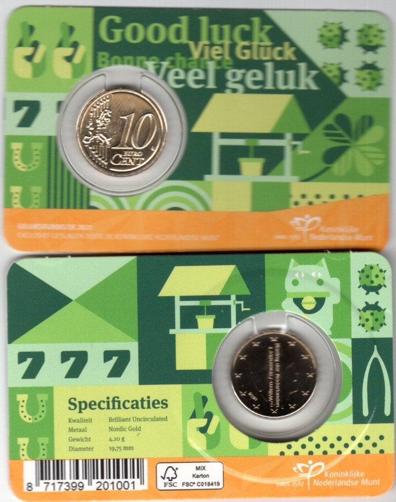 10 Eurocent Nederland 2021 - BU Coincard Geluksdubbeltje, Postzegels en Munten, Verzenden, Overige landen, 10 cent, Losse munt