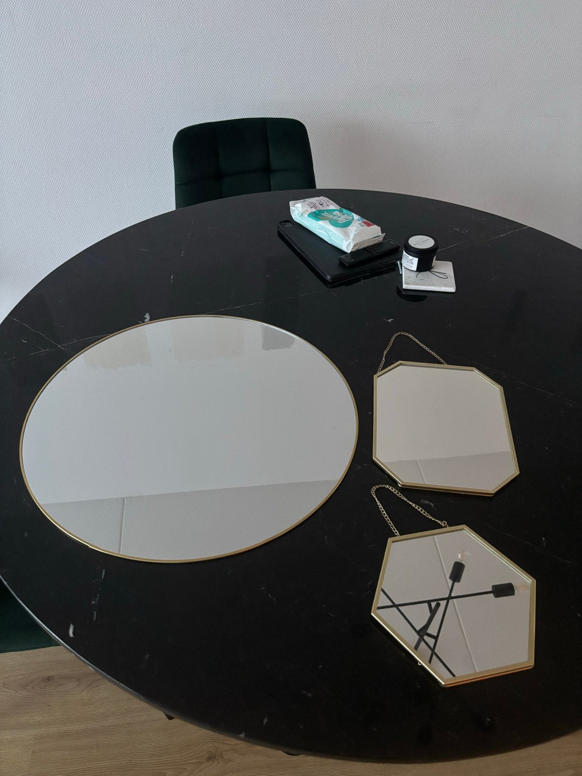 Set van 3 gouden spiegels: rond en achthoekig, Huis en Inrichting, Woonaccessoires | Spiegels, Ophalen, Rond, Zo goed als nieuw