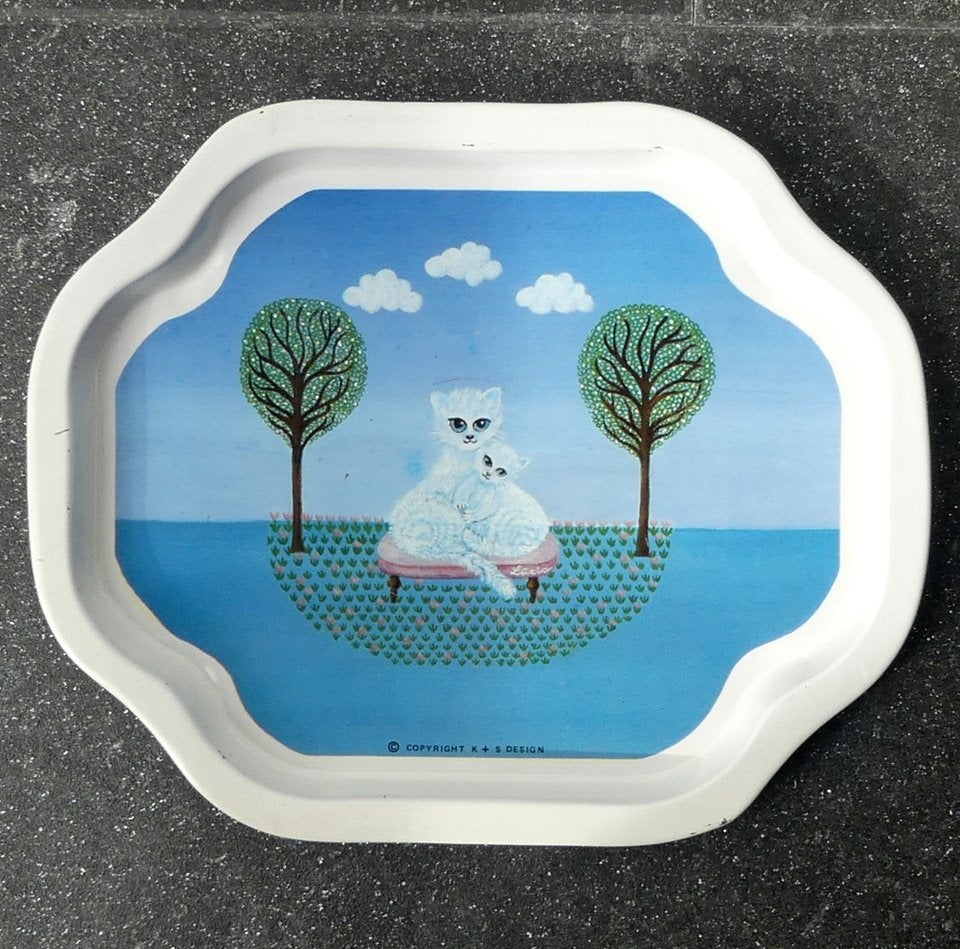 Vintage dienblaadje kat poes kattenprint dienblad K+S design, Huis en Inrichting, Gebruikt, Ophalen of Verzenden, Dienblad, Metaal