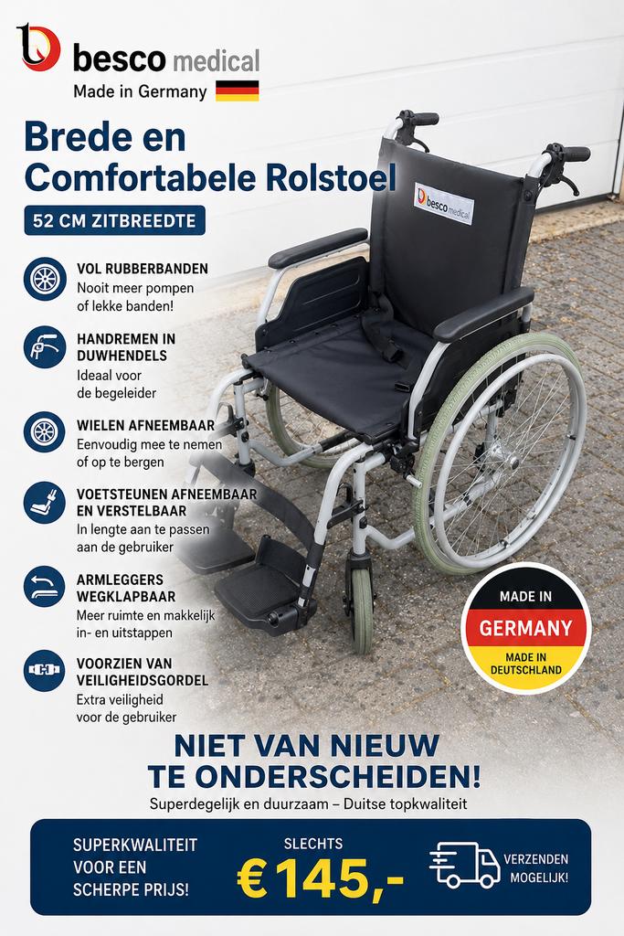 Brede Rolstoel Besco Medical duitse degelijkheid, Besco, Duitsland, Meer info ☎️0️⃣6️⃣➖2️⃣0️⃣9️⃣0️⃣1️⃣0️⃣4️⃣0️⃣, Zo goed als nieuw