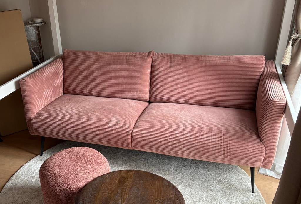 Roze 3-zits bank ribstof - koudschuim - z.g.a.n., Ophalen, 150 tot 200 cm, Driepersoons, 75 tot 100 cm