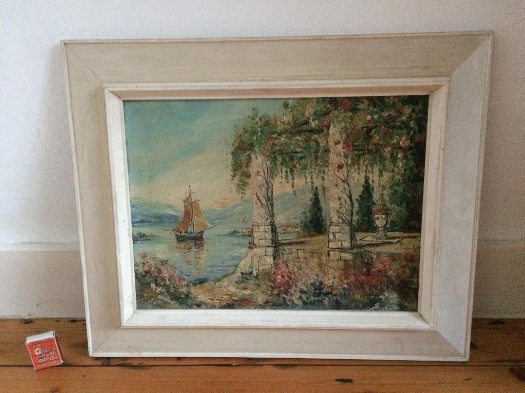 Mediterraanse baai zeilboot zuilenpaviljoen zuilen prieel, Huis en Inrichting, Woonaccessoires | Schilderijen, Tekeningen en Foto's