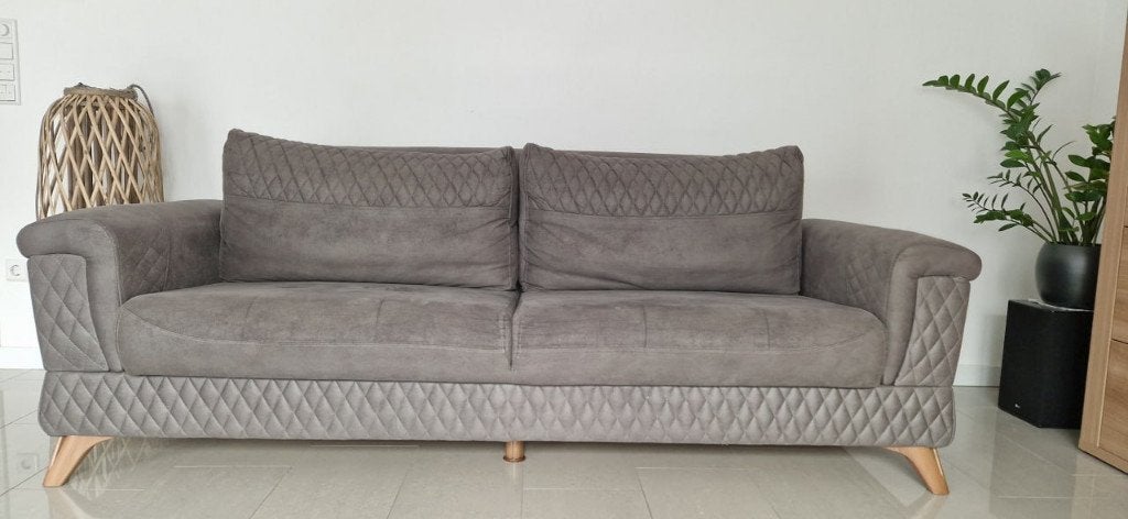 Slaapbank 3-zits met bedkist + 2 fauteuils, grijs, set, Ophalen, Gebruikt, Modern met mid-century touch, ruitstiksels en houten pootjes