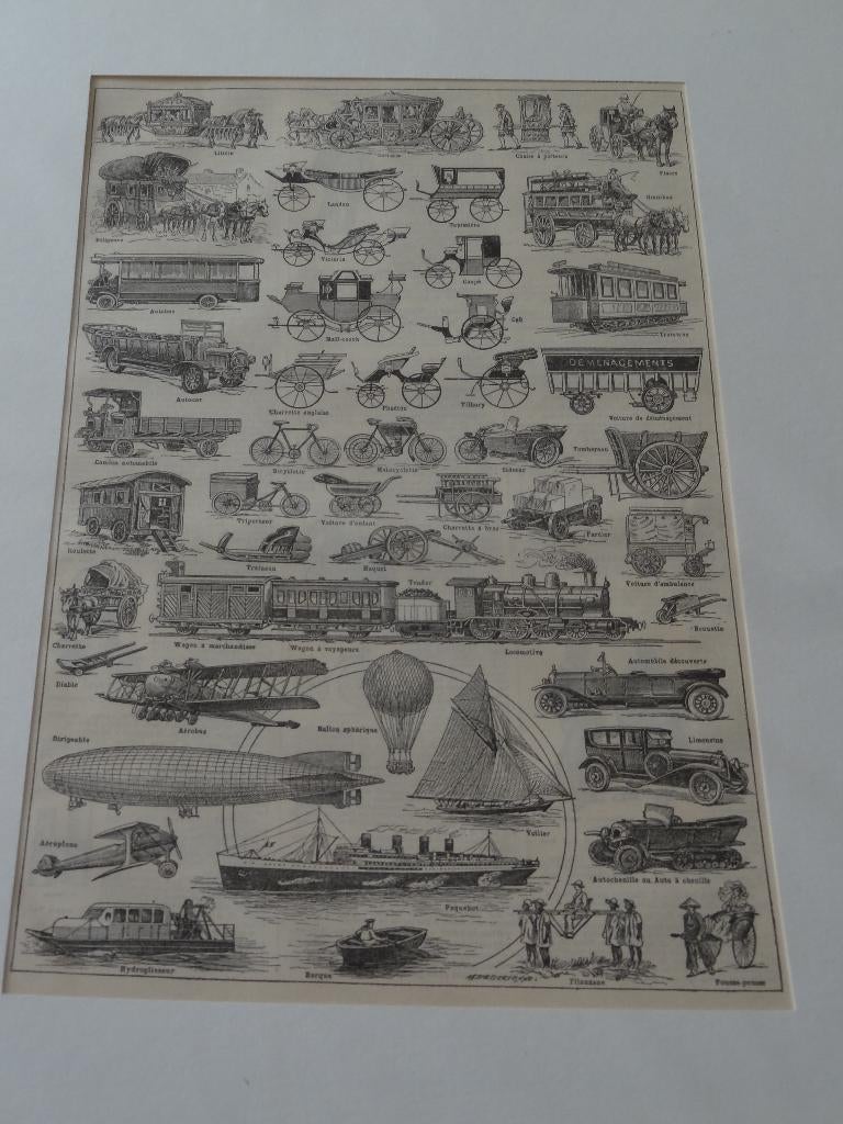 litho voertuigen koetsen, trams, treinen, auto's jaren 20, Verzenden
