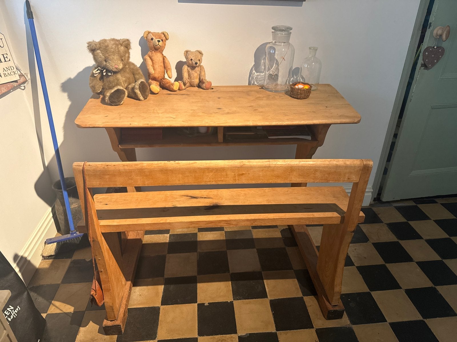 Vintage houten schoolbank met bankje, Ophalen of Verzenden