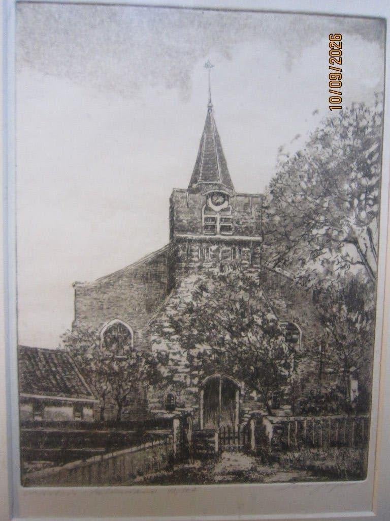 Ets Kerkje Oud Charlois, door HW BIJL, Ophalen, Ets