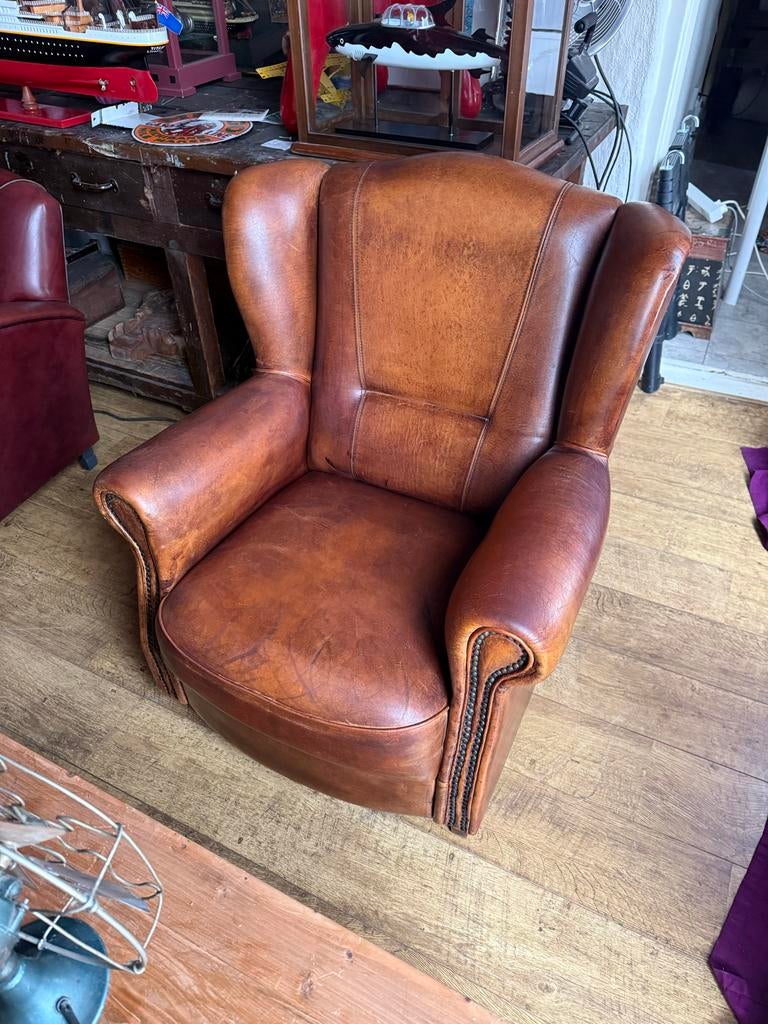 Joris Leren Oorfauteuil - Schapenleer, Ophalen, Gebruikt, Leer, 75 tot 100 cm