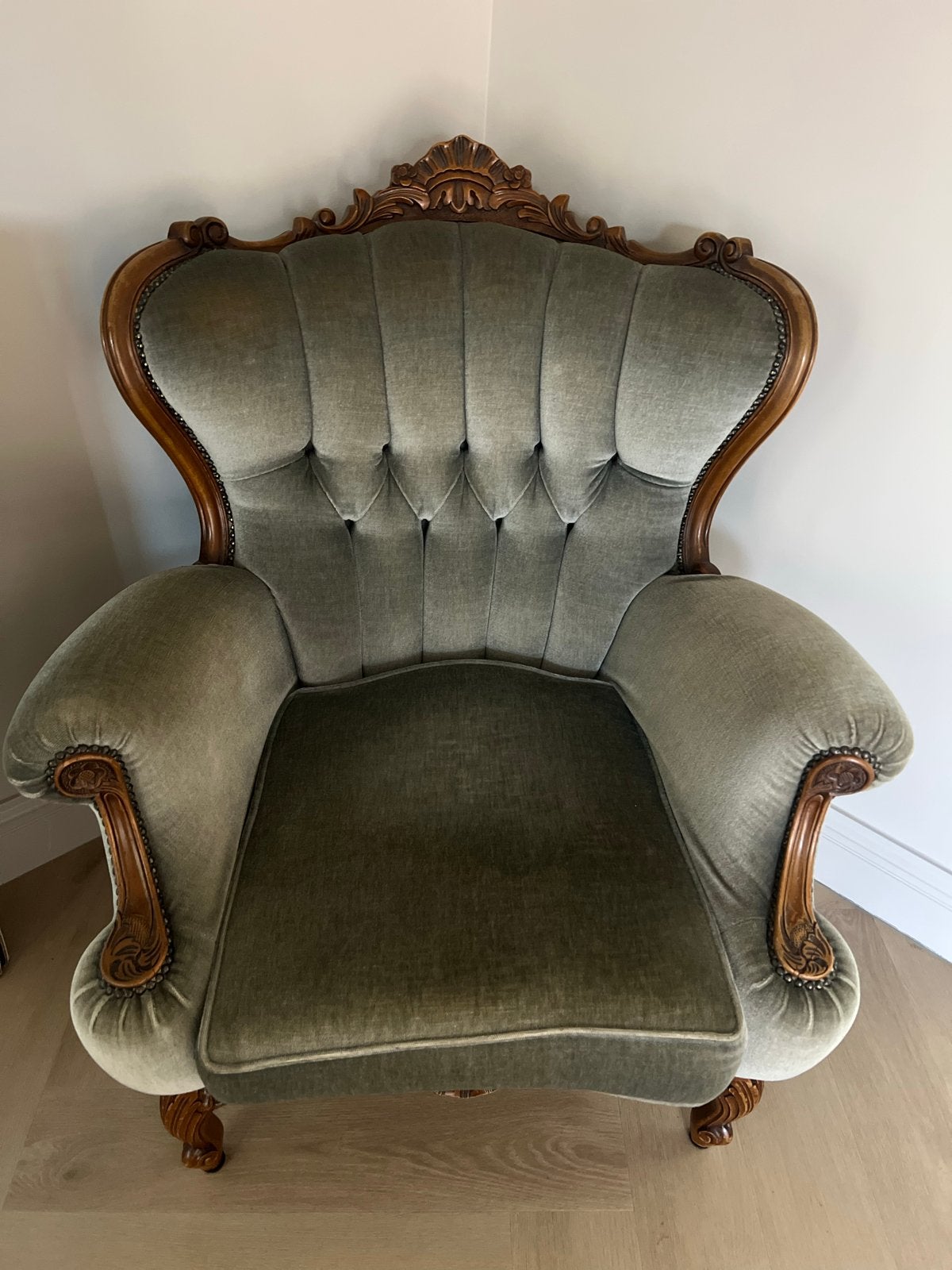 Antieke fauteuil in barokstijl, groen fluweel, Ophalen