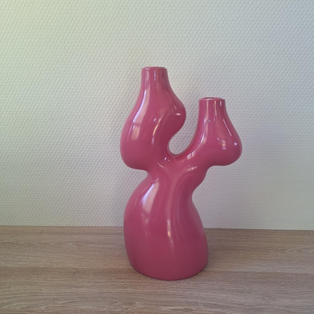 Preloved organische roze houten kandelaar kaarsenhouder, Huis en Inrichting, 25 tot 50 cm, Ophalen of Verzenden, Zo goed als nieuw
