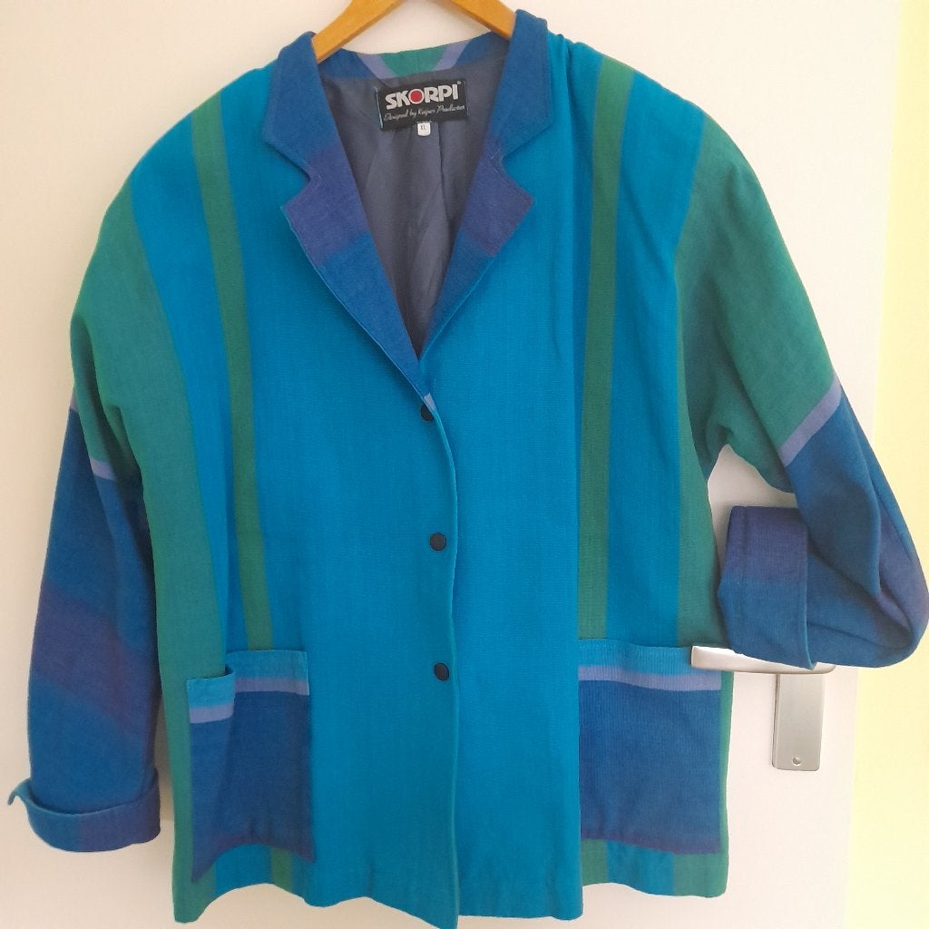 kwaliteitsjas  SKORPI Blazer - Blauw/Groen Gestreepte Jas, Kleding | Dames, Jassen | Zomer, Ophalen, Blauw, Maat 42/44 (L), Zo goed als nieuw