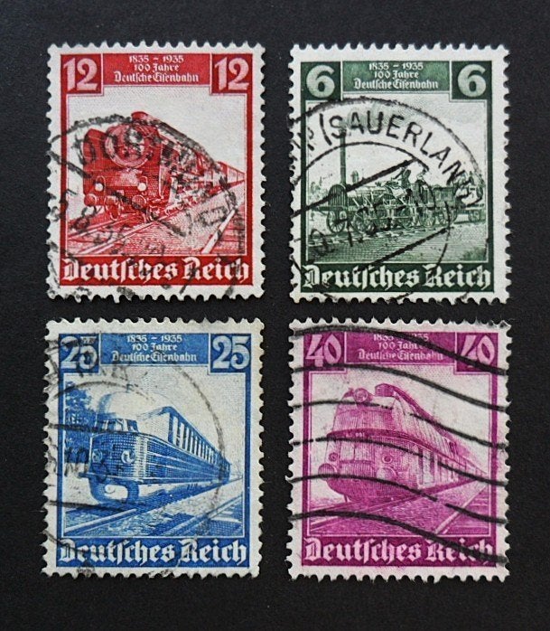 Reich : Mi-580/583 Treinen serie 100 jaar Spoorwegen - 1935, Ophalen of Verzenden, Duitse Keizerrijk, Gestempeld