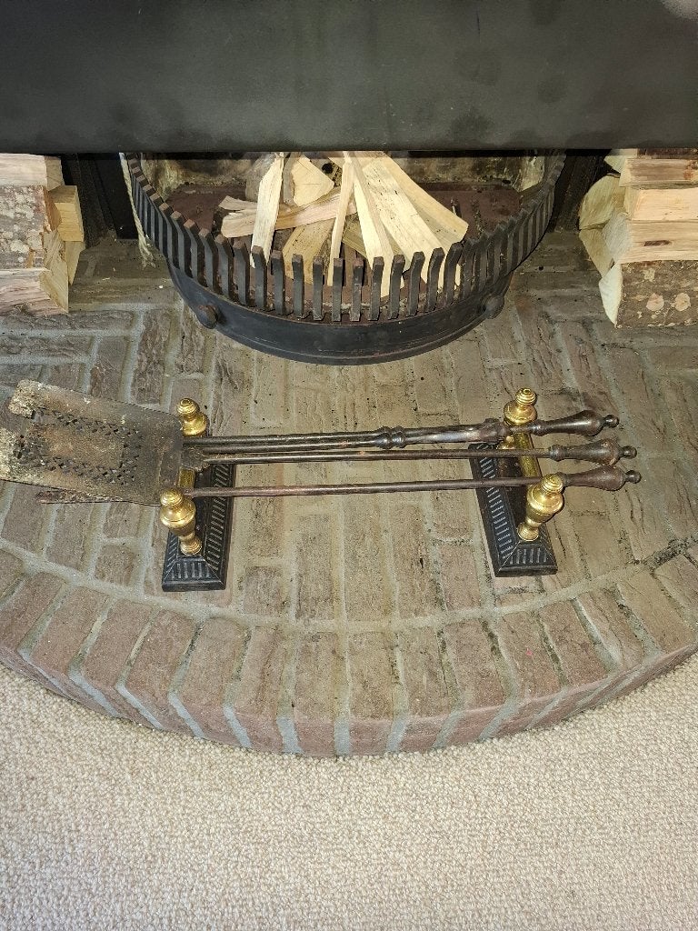 antiek haardstel op bokken, Antiek en Kunst, Ophalen, Koper