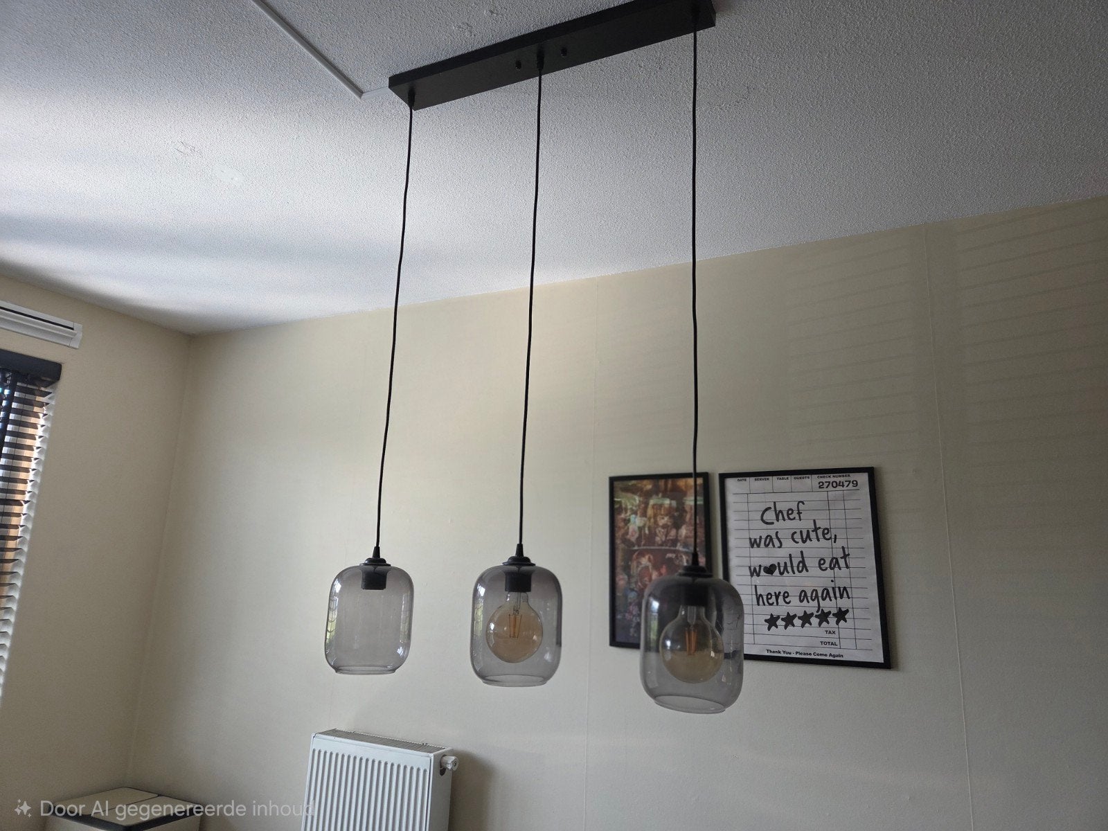 Eetkamerlamp met 3 zwart gesmoked glazen kappen, Huis en Inrichting, Lampen | Hanglampen, Ophalen, Zo goed als nieuw, Glas, E27 (groot)
