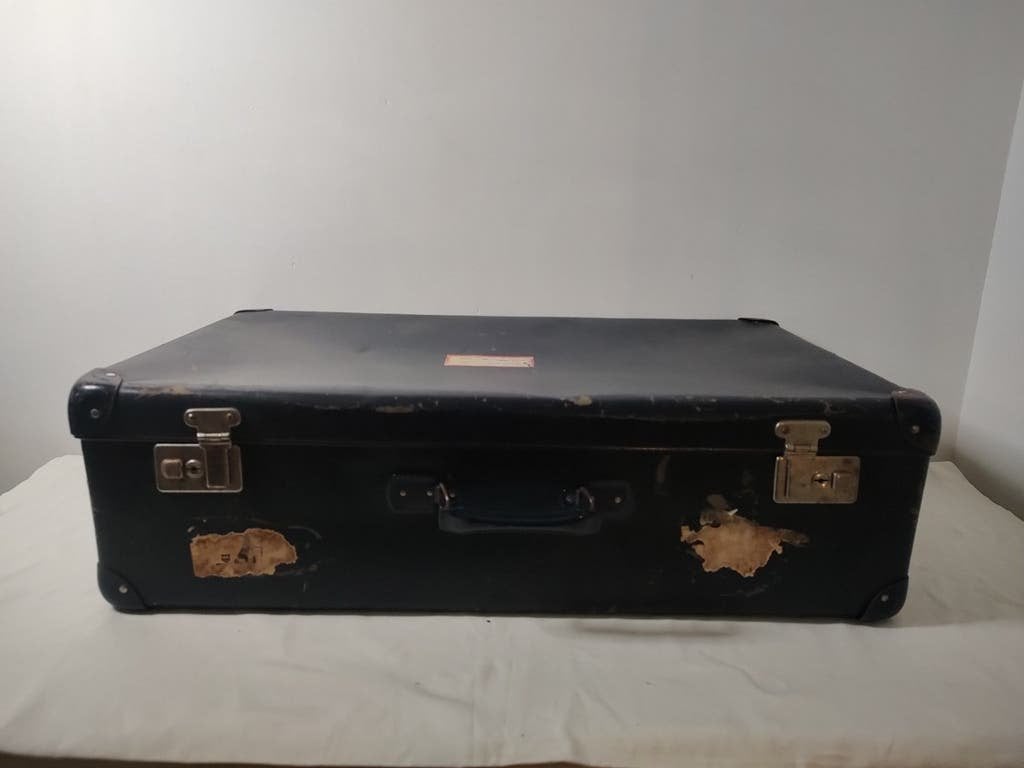 K723 VINTAGE blauwe jaren 50 koffer met hoekversteviging, Overige materialen, Gebruikt, 45 tot 55 cm, Onbekend